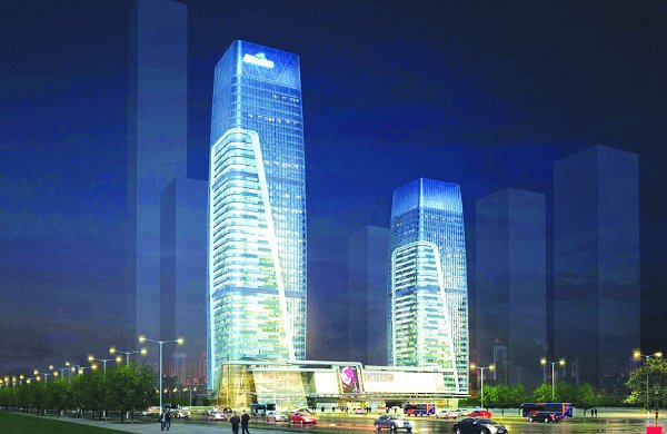 中国首座全钢结构双子塔建筑封顶