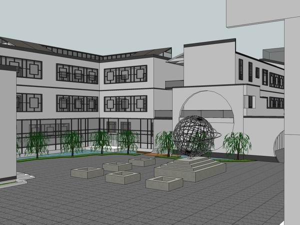 Sketchup学校模型|多层中学学校，校园教育建筑，中式风格
